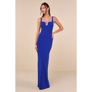 Lulus Sparkling Serenity Cobalt Blue Rhinestone Notched Maxi Dress - Size XS
